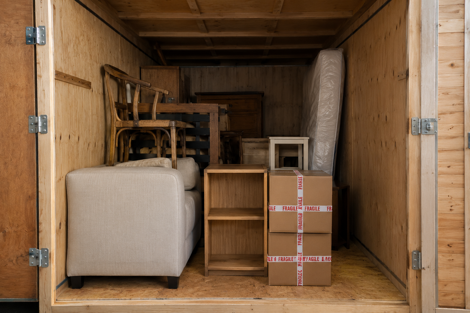 Mobilier familial stocké dans une caisse bois après une succession