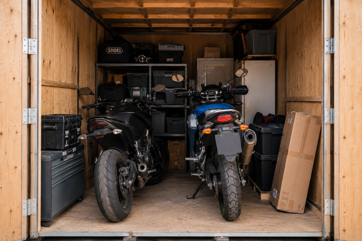 Moto et objets de collection entreposés dans un box Mobigarde